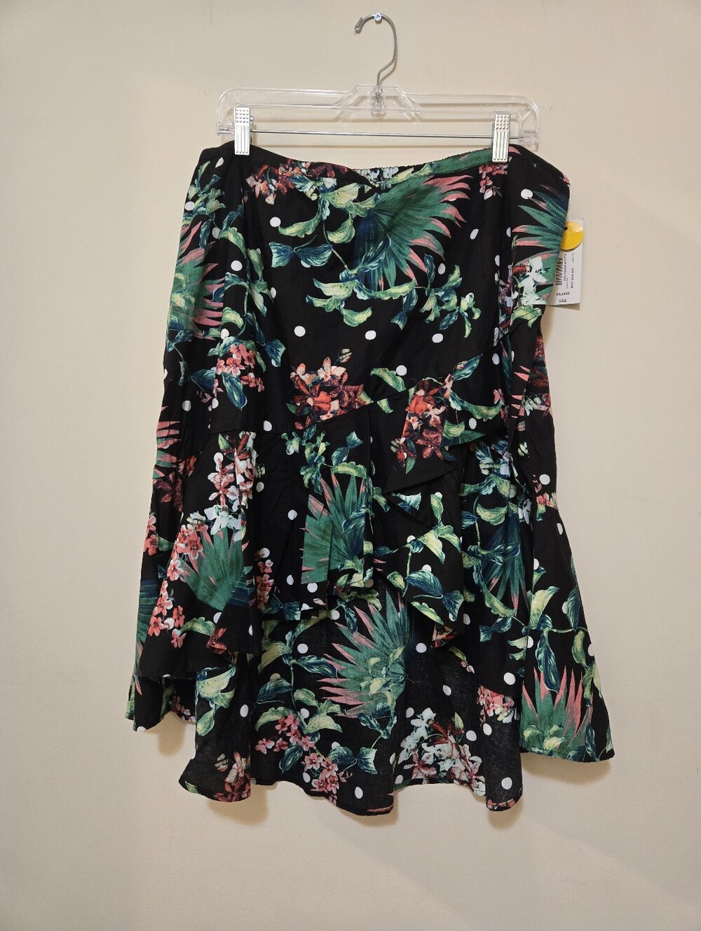 Bold Elements black-and-green tropical floral ruffle high-low skirt, Size XXL